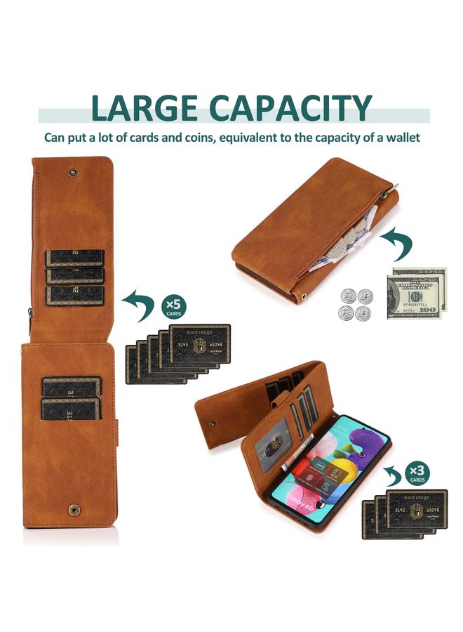 اس-توب جراب لهاتف Samsung Galaxy A51 بملمس الجلد ونسيج Crazy Horse وسحاب وحقيبة محفظة جلدية قابلة للطي أفقيًا مع حامل وفتحات للبطاقات ومحفظة وحبل - Image 5