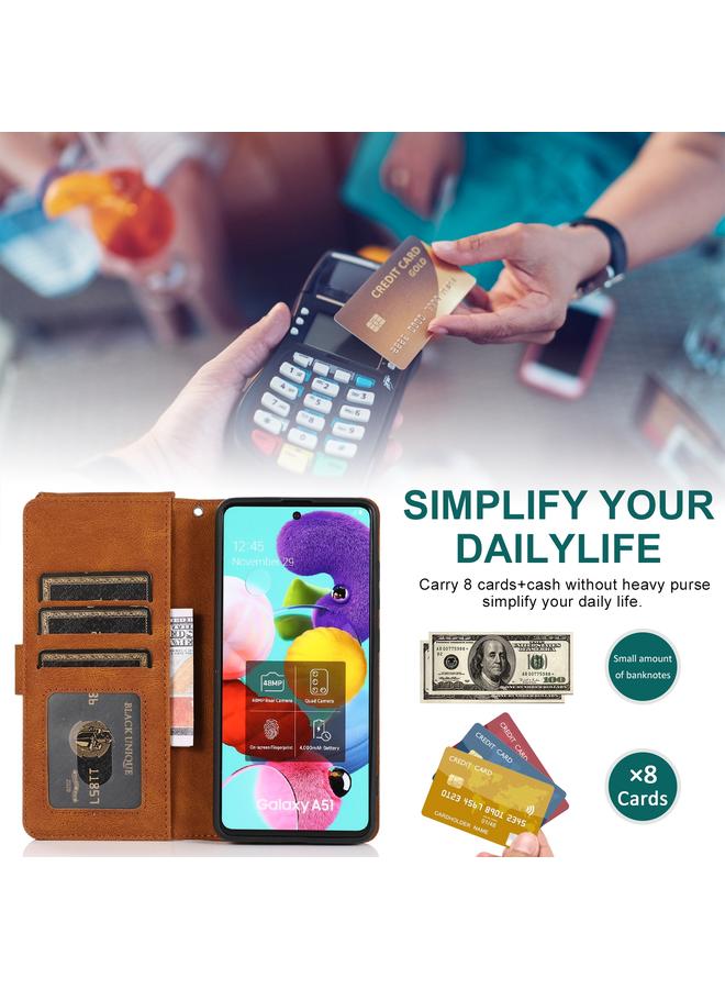اس-توب جراب لهاتف Samsung Galaxy A51 بملمس الجلد ونسيج Crazy Horse وسحاب وحقيبة محفظة جلدية قابلة للطي أفقيًا مع حامل وفتحات للبطاقات ومحفظة وحبل - Image 3