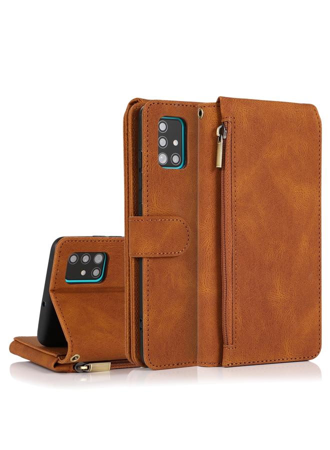 اس-توب جراب لهاتف Samsung Galaxy A51 بملمس الجلد ونسيج Crazy Horse وسحاب وحقيبة محفظة جلدية قابلة للطي أفقيًا مع حامل وفتحات للبطاقات ومحفظة وحبل - Image 1