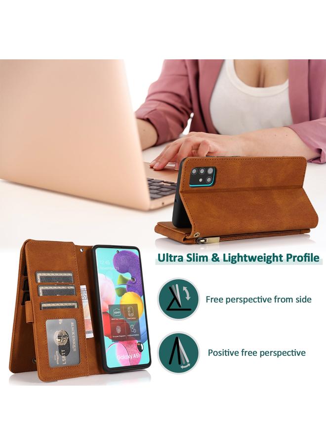 اس-توب جراب لهاتف Samsung Galaxy A51 بملمس الجلد ونسيج Crazy Horse وسحاب وحقيبة محفظة جلدية قابلة للطي أفقيًا مع حامل وفتحات للبطاقات ومحفظة وحبل - Image 4