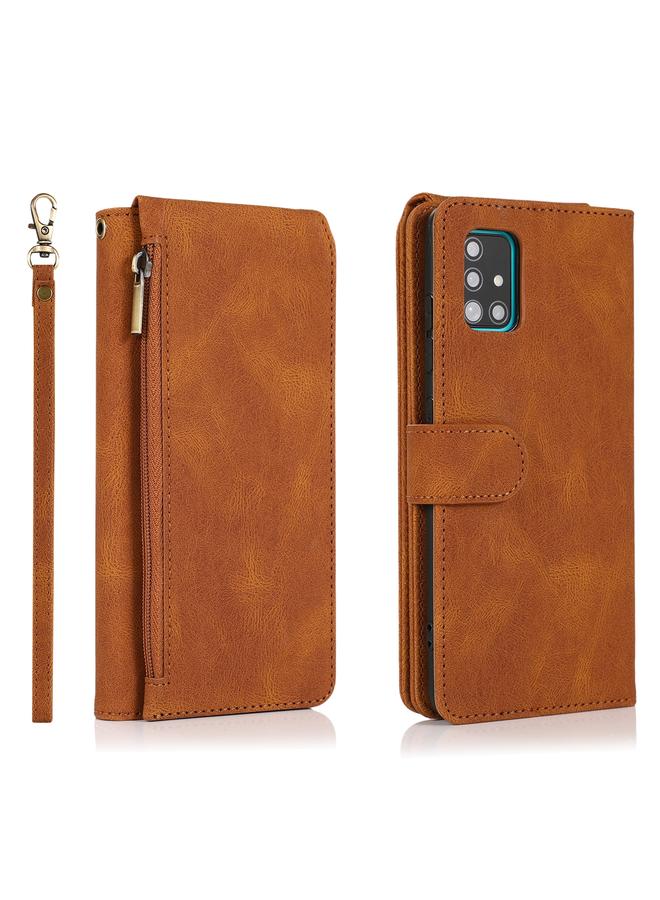 اس-توب جراب لهاتف Samsung Galaxy A51 بملمس الجلد ونسيج Crazy Horse وسحاب وحقيبة محفظة جلدية قابلة للطي أفقيًا مع حامل وفتحات للبطاقات ومحفظة وحبل - Image 2