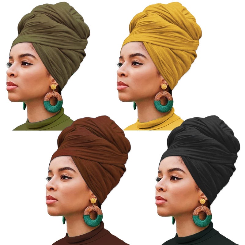 XTREND 4 Pieces Head Wraps for Women Stretchy Jersey Turban Fashion Headwrap Lightweight Breathable Hijab Hair Wraps Scarf Tie for Locs Braids Black Coffee Army Green Turmeric