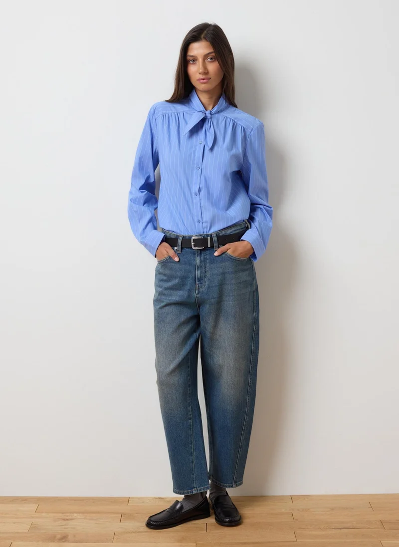 او في اس OVS Sky Blue Cotton Blend Striped Oversized Shirt