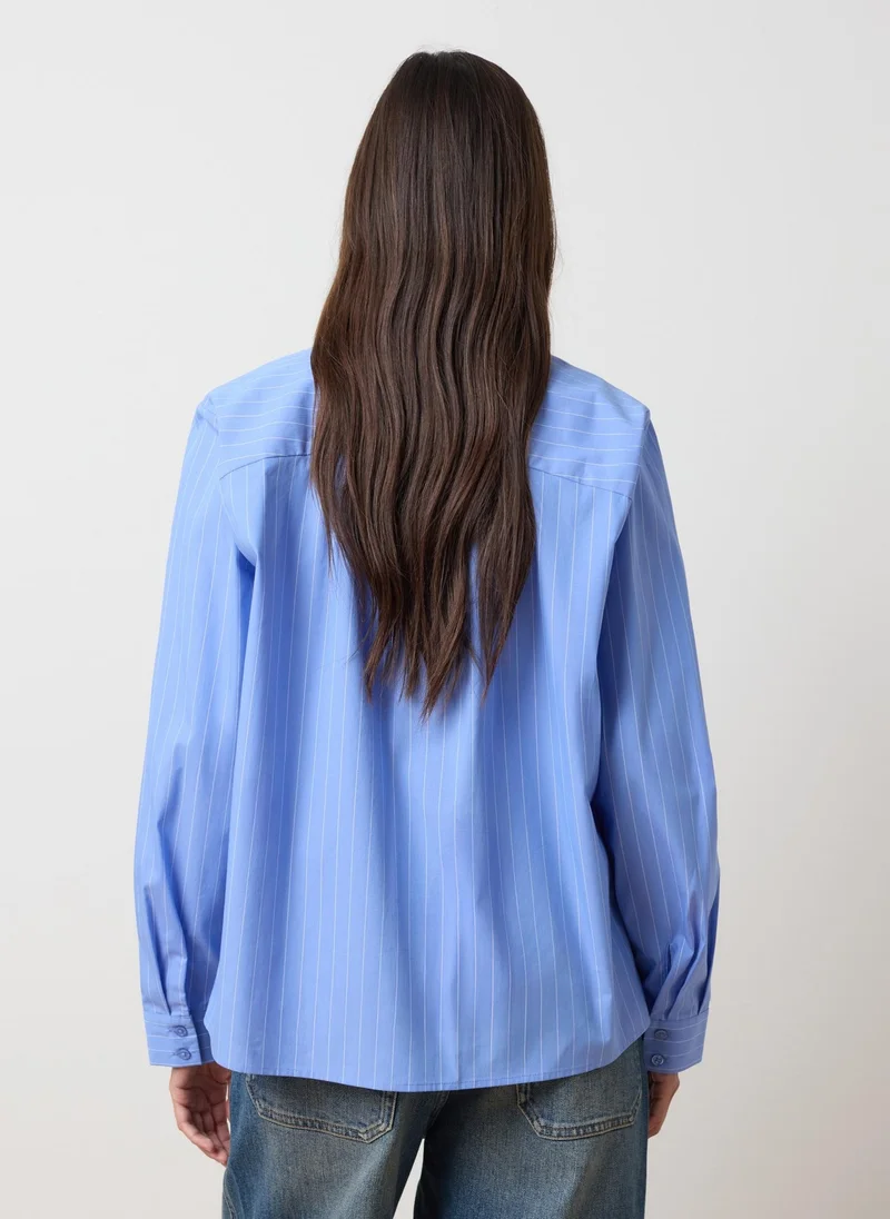 Ovs  OVS Sky Blue Cotton Blend Striped Oversized Shirt for Women | Best Price UAE