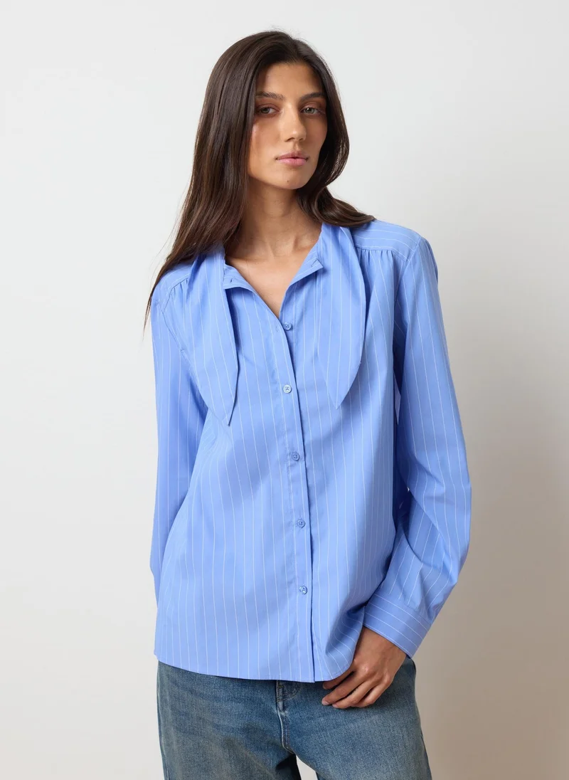 او في اس OVS Sky Blue Cotton Blend Striped Oversized Shirt