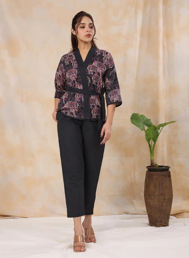 sanskrutihomes Black Animal Print Wrap Top and Pants Set