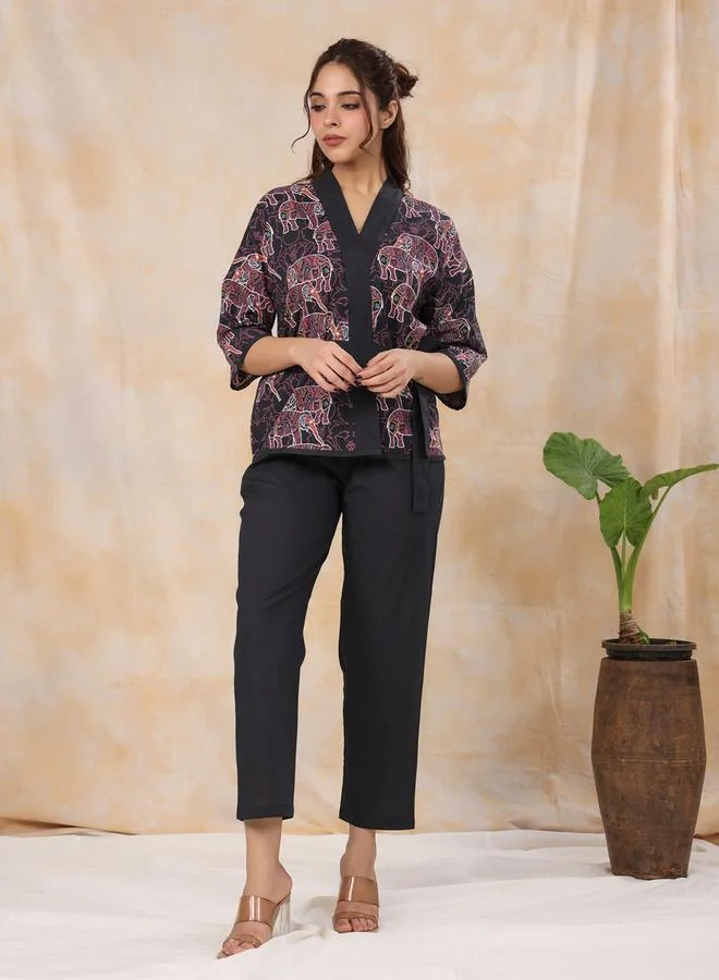 Sanskrutihomes  Black Animal Print Wrap Top and Pants Set for Women | Best Price UAE