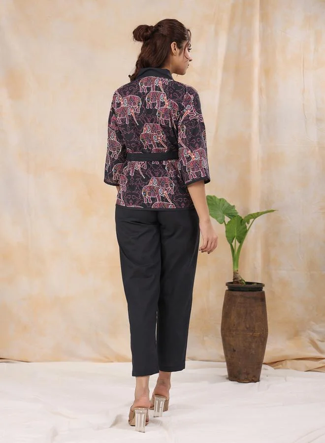 sanskrutihomes Black Animal Print Wrap Top and Pants Set