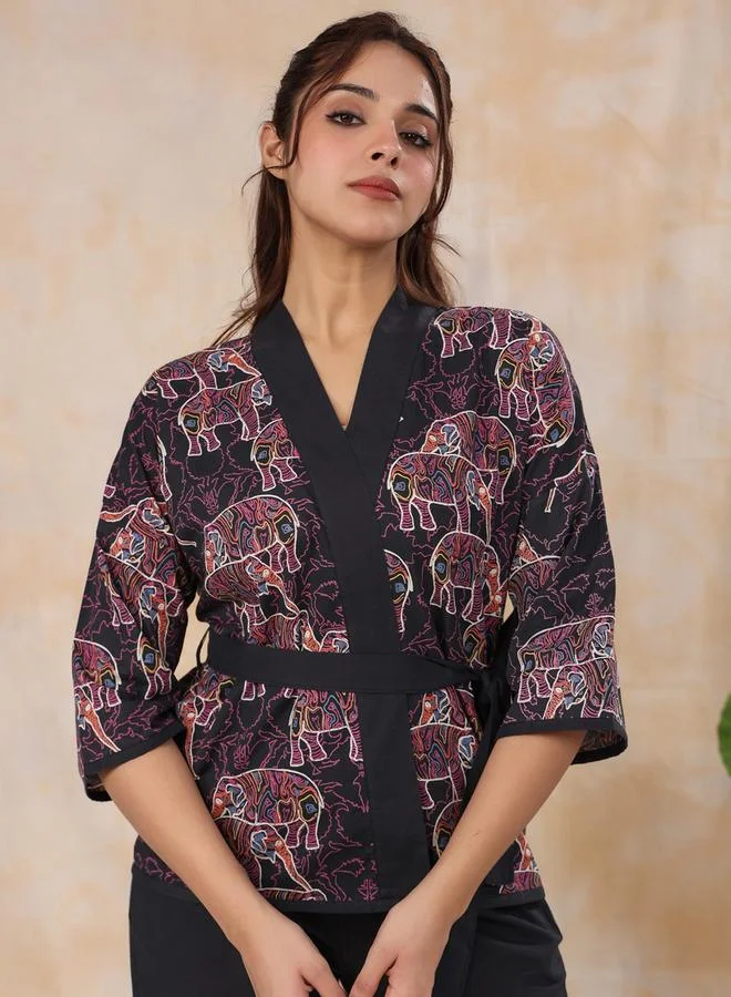 Sanskrutihomes  Black Animal Print Wrap Top and Pants Set for Women | Best Price UAE