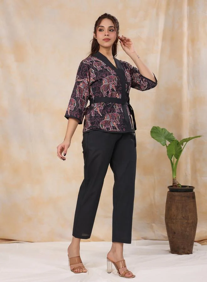 Sanskrutihomes  Black Animal Print Wrap Top and Pants Set for Women | Best Price UAE