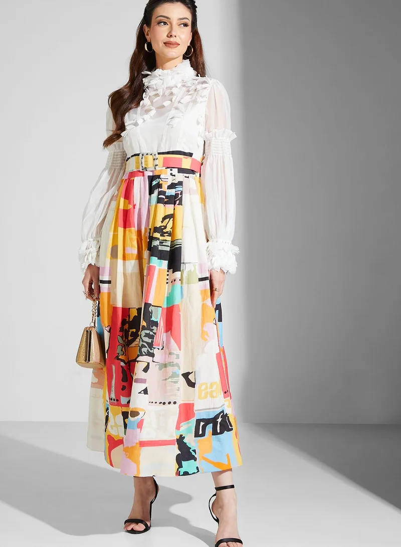 Threadz by Ajooni Applique Detail Printed Pleated Dress