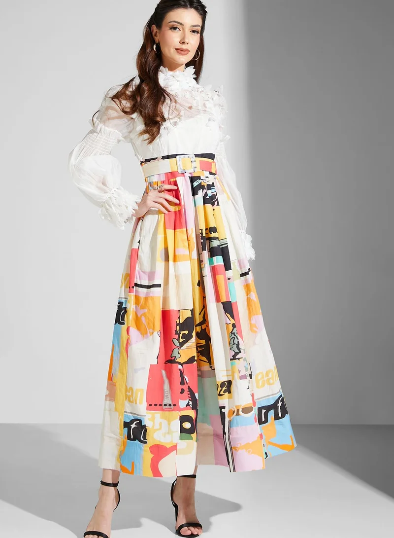 Threadz by Ajooni Applique Detail Printed Pleated Dress