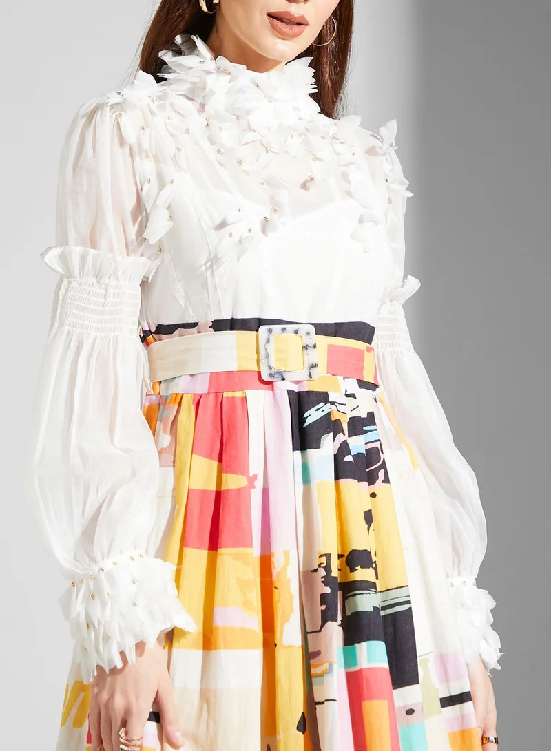 Threadz by Ajooni Applique Detail Printed Pleated Dress