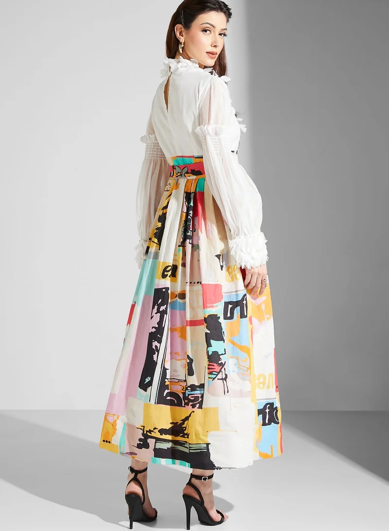 Threadz by Ajooni Applique Detail Printed Pleated Dress