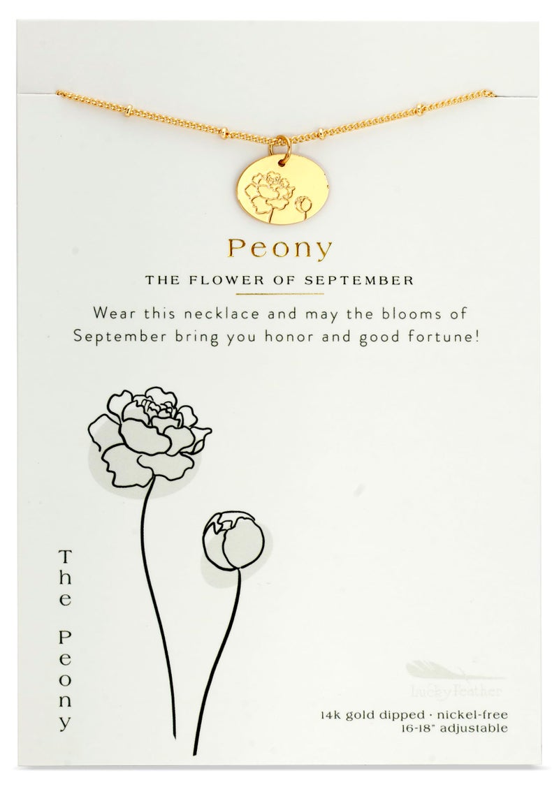 Lucky Feather Birth Month Flower Necklace - 14k Gold Dipped Birth Flower Pendant on a Beaded 16-18 Inch Adjustable Chain - Birthday Gifts for Women - Image 1