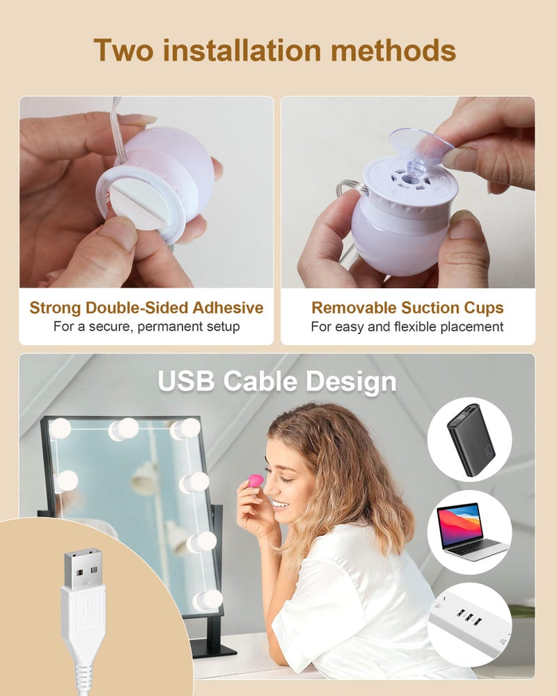 Yarnock 10 Bulbs LED Vanity Lights for Mirror, 3000K 4000K 6500K & 10-Brightness, Wire Length Adjustable, USB Cable, Hollywood Mirror Lights for Makeup Dressing Room Bathroom, White - Image 5