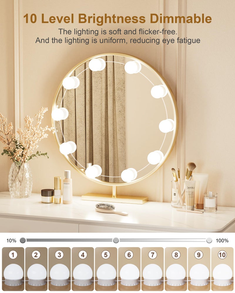 Yarnock 10 Bulbs LED Vanity Lights for Mirror, 3000K 4000K 6500K & 10-Brightness, Wire Length Adjustable, USB Cable, Hollywood Mirror Lights for Makeup Dressing Room Bathroom, White - Image 2