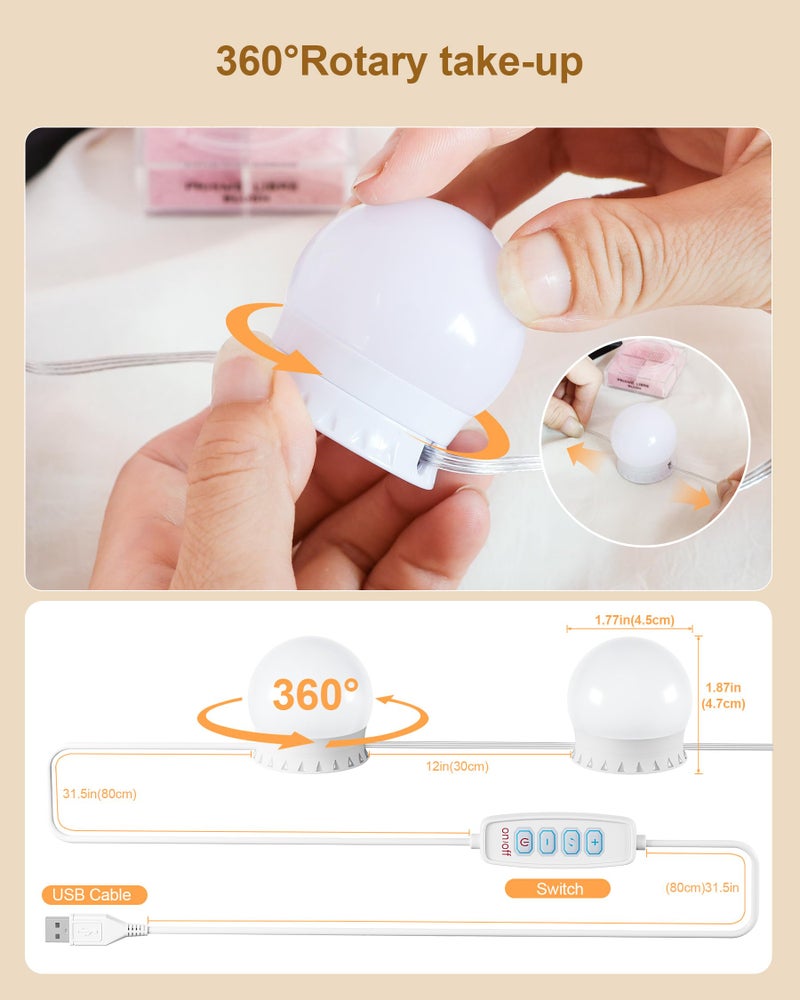 Yarnock 10 Bulbs LED Vanity Lights for Mirror, 3000K 4000K 6500K & 10-Brightness, Wire Length Adjustable, USB Cable, Hollywood Mirror Lights for Makeup Dressing Room Bathroom, White - Image 4