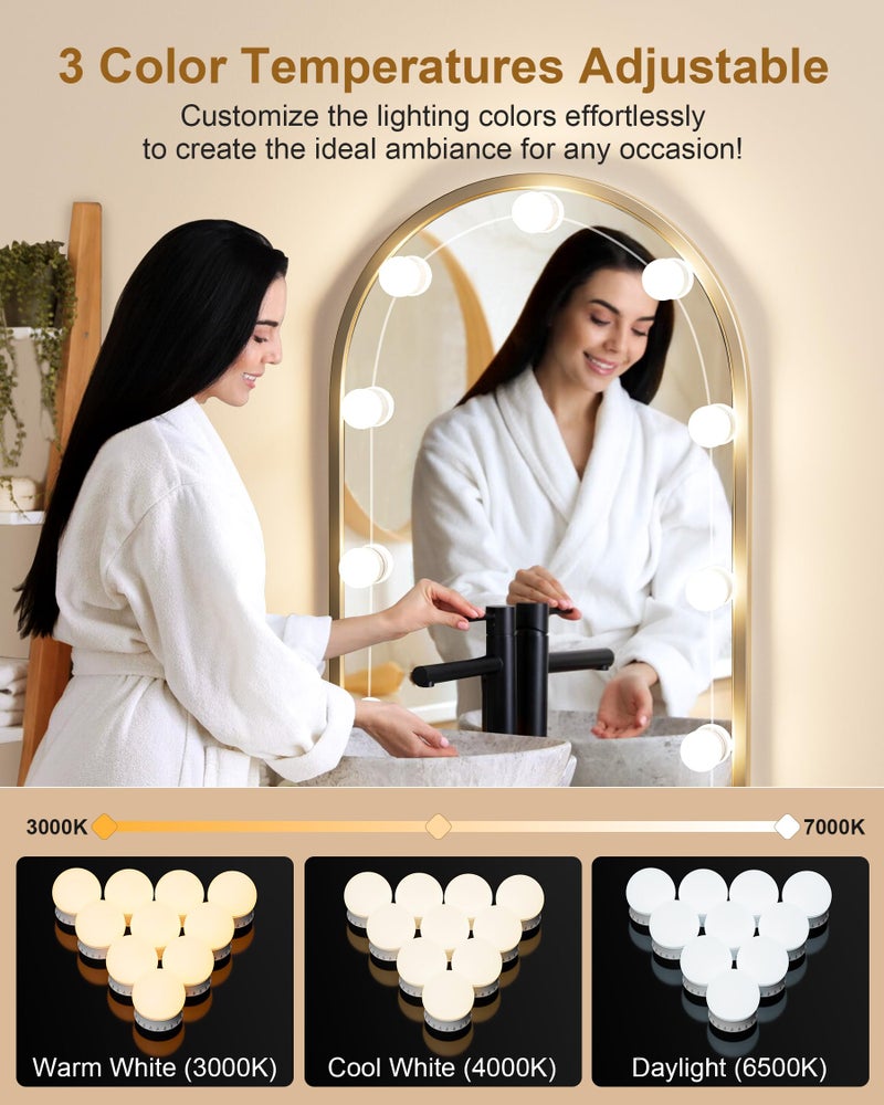 Yarnock 10 Bulbs LED Vanity Lights for Mirror, 3000K 4000K 6500K & 10-Brightness, Wire Length Adjustable, USB Cable, Hollywood Mirror Lights for Makeup Dressing Room Bathroom, White - Image 3