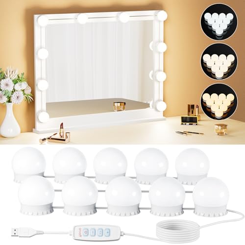 Yarnock 10 Bulbs LED Vanity Lights for Mirror, 3000K 4000K 6500K & 10-Brightness, Wire Length Adjustable, USB Cable, Hollywood Mirror Lights for Makeup Dressing Room Bathroom, White - Image 1