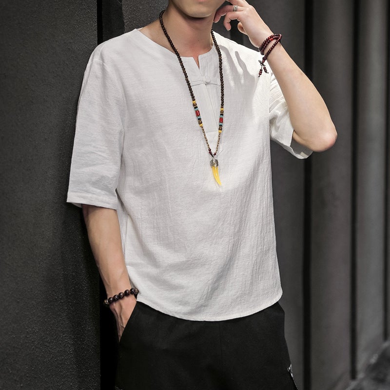 Summer Chinese Style Youth Linen Short Sleeve T-Shirt Men'S V-Neck Loose Plus Size Solid Color Cotton Linen Half Sleeve T-Shirt Thin - Image 2