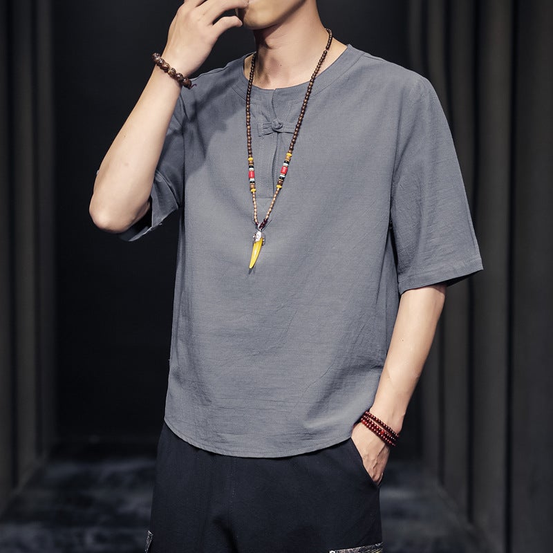 Summer Chinese Style Youth Linen Short Sleeve T-Shirt Men'S V-Neck Loose Plus Size Solid Color Cotton Linen Half Sleeve T-Shirt Thin - Image 4