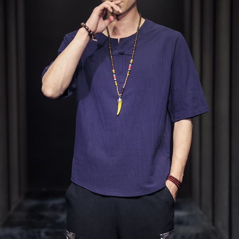 Summer Chinese Style Youth Linen Short Sleeve T-Shirt Men'S V-Neck Loose Plus Size Solid Color Cotton Linen Half Sleeve T-Shirt Thin - Image 3