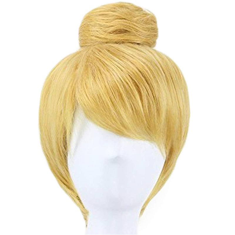 ANOGOL Hair Cap Women Short Gold Wig with Buns Straight Cosplay Costume Wig for Halloween Party Hair Gold Blonde Christmas Wig