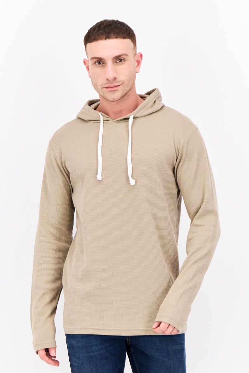 Fleece Factory Men Hooded Long Sleeves Textured Sweatshirt, Beige - Image 1