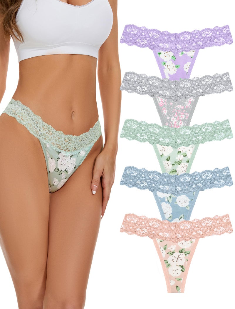 voenxe Seamless Lace Thongs for Women No Show Thong Underwear,Lady Breathable Comfort Panty Soft Laser Cut Undie,Tanga,5-Pack Basic - Image 1