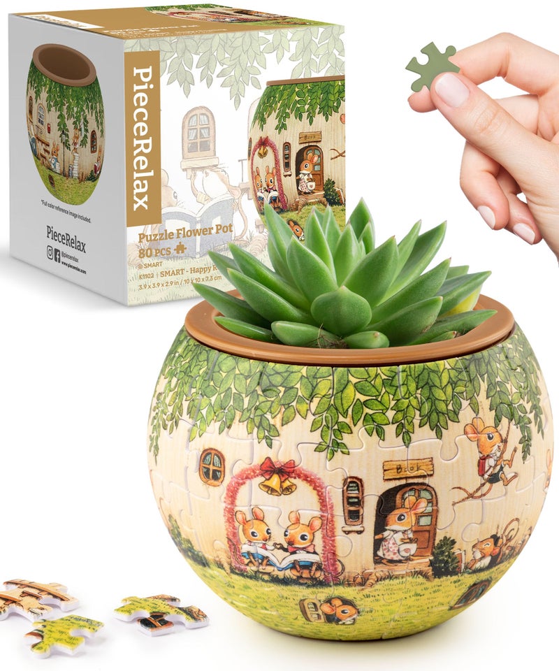 PieceRelax قطعة ريلاكس 3D لغز مزهرية - ذكي - قراءة سعيدة - نمط الفولكلور الدنماركي، أواني زهور ديكور منزلي لنباتات الصبار الداخلية، أواني العصارة [K1102] - Image 1