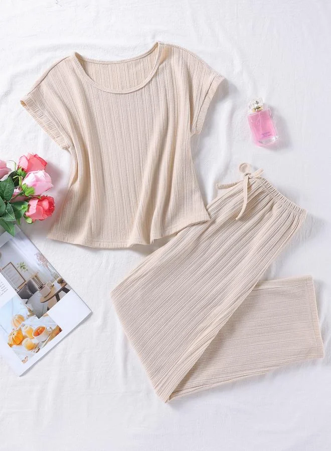 Take Two Beige Knitted Short Sleeve Top and Pyjama Set