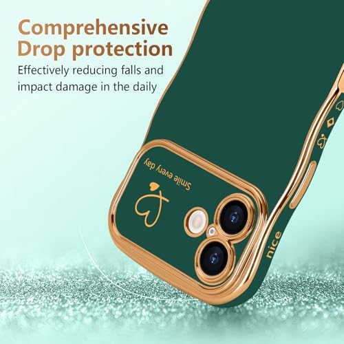 LCHULLE for iPhone 17 Case for Women Girls, Cute Wave Frame Curly Shape with Love Heart Pattern Raised Camera Protection Cover Luxury Plating Shockproof Phone Case for iPhone 17, Dark Green - Image 3