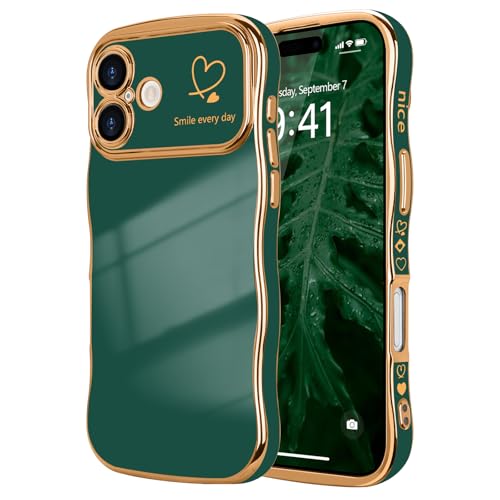 LCHULLE for iPhone 17 Case for Women Girls, Cute Wave Frame Curly Shape with Love Heart Pattern Raised Camera Protection Cover Luxury Plating Shockproof Phone Case for iPhone 17, Dark Green - Image 1