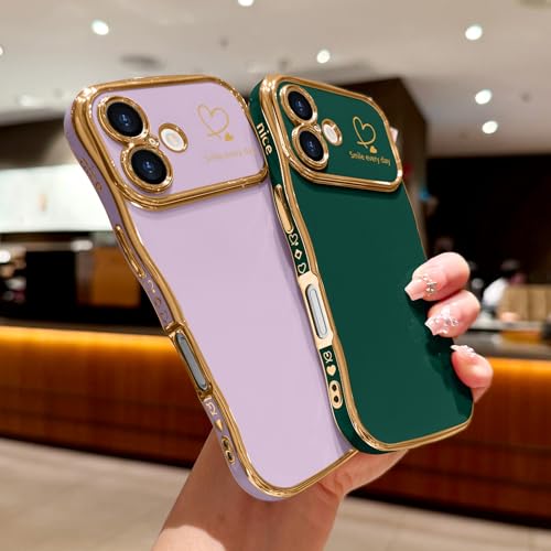LCHULLE for iPhone 17 Case for Women Girls, Cute Wave Frame Curly Shape with Love Heart Pattern Raised Camera Protection Cover Luxury Plating Shockproof Phone Case for iPhone 17, Dark Green - Image 5