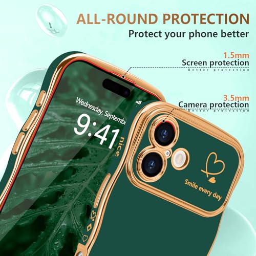 LCHULLE for iPhone 17 Case for Women Girls, Cute Wave Frame Curly Shape with Love Heart Pattern Raised Camera Protection Cover Luxury Plating Shockproof Phone Case for iPhone 17, Dark Green - Image 4