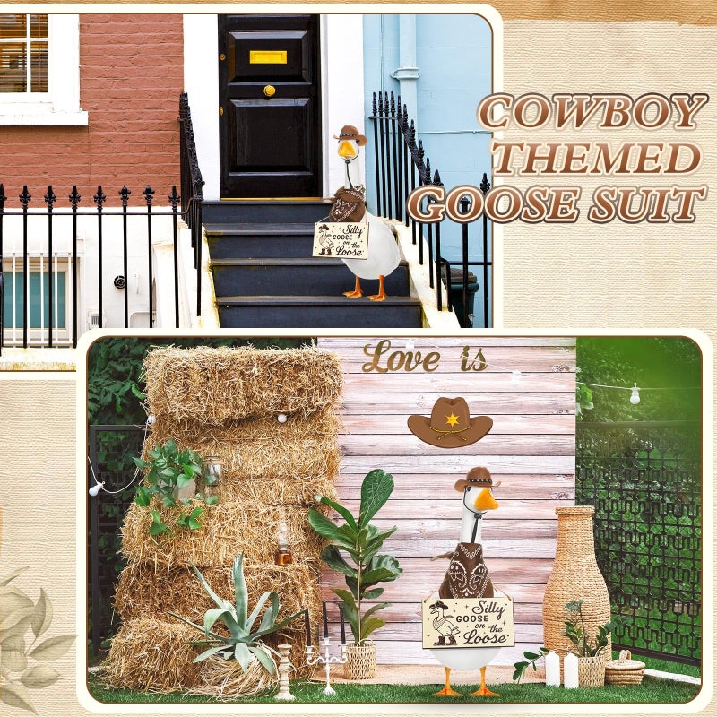 Silicherry Funny Porch Goose Decoration Set Silly Goose on the Loose Hangings Sign Cowboy with Outfit Cowboy Hat and Bandana for 23" Cement/Plastic Outdoor Statue Patio Yard Lawn Art(Brown) - Image 5