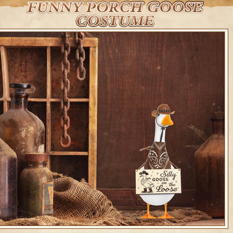 Silicherry Funny Porch Goose Decoration Set Silly Goose on the Loose Hangings Sign Cowboy with Outfit Cowboy Hat and Bandana for 23" Cement/Plastic Outdoor Statue Patio Yard Lawn Art(Brown) - Image 4