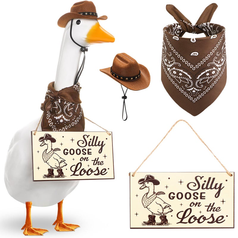 Silicherry Funny Porch Goose Decoration Set Silly Goose on the Loose Hangings Sign Cowboy with Outfit Cowboy Hat and Bandana for 23" Cement/Plastic Outdoor Statue Patio Yard Lawn Art(Brown) - Image 1