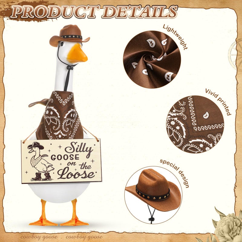 Silicherry Funny Porch Goose Decoration Set Silly Goose on the Loose Hangings Sign Cowboy with Outfit Cowboy Hat and Bandana for 23" Cement/Plastic Outdoor Statue Patio Yard Lawn Art(Brown) - Image 3