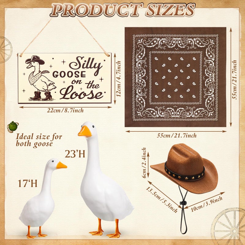 Silicherry Funny Porch Goose Decoration Set Silly Goose on the Loose Hangings Sign Cowboy with Outfit Cowboy Hat and Bandana for 23" Cement/Plastic Outdoor Statue Patio Yard Lawn Art(Brown) - Image 2