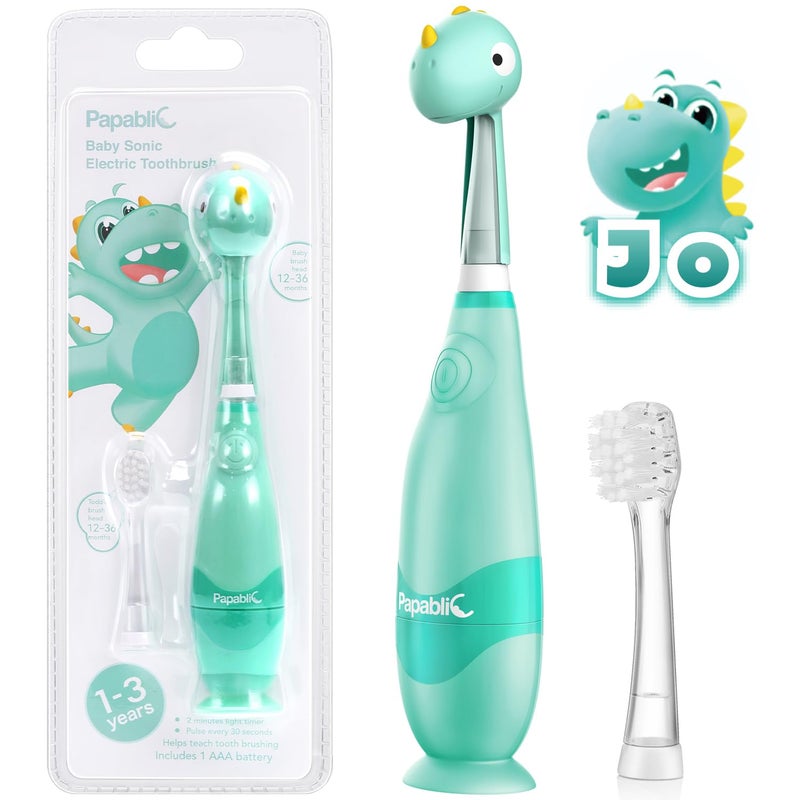 Papablic Toddler Sonic Electric Kids Toothbrush for Ages 13 Years Baby Electric Toothbrush with Cute Dino Cover and Smart LED Timer 2 Brush Heads Jo