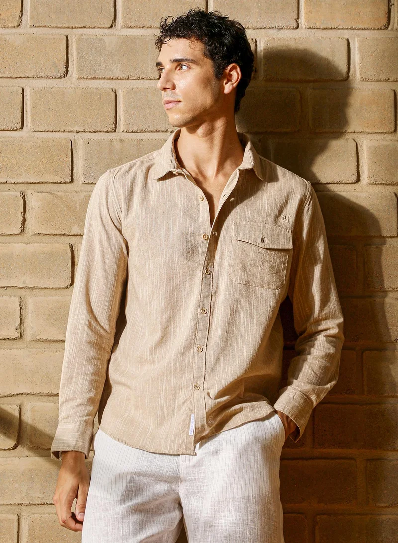 Campus Sutra Men Thread-Jacquard Shirt | Spread Collar, Long Button-Cuff Sleeves | Button , Curved Hem | Abstract Jacquard | Woven Fabric For Casual & Daily Wear | Sand Beige