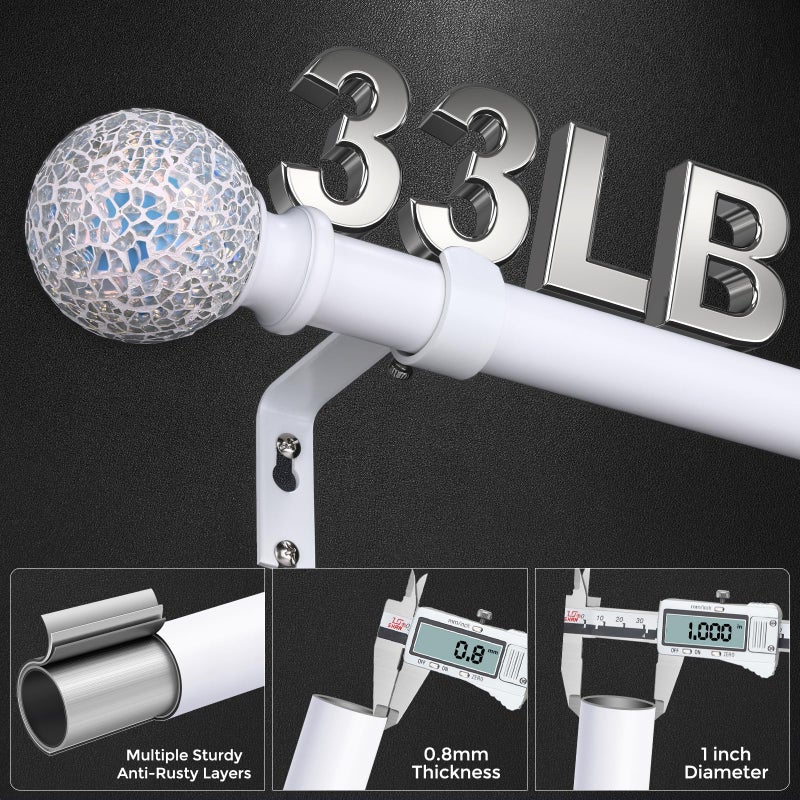 hei! dear White Curtain Rods for Windows 48 to 84 Inch,1 Inch Adjustable Heavy Duty Decorative Mosaic Colourful Ball Curtain Rod, Telescoping Window Rod for Bedroom, White Drapery Rods 36-88" - Image 3