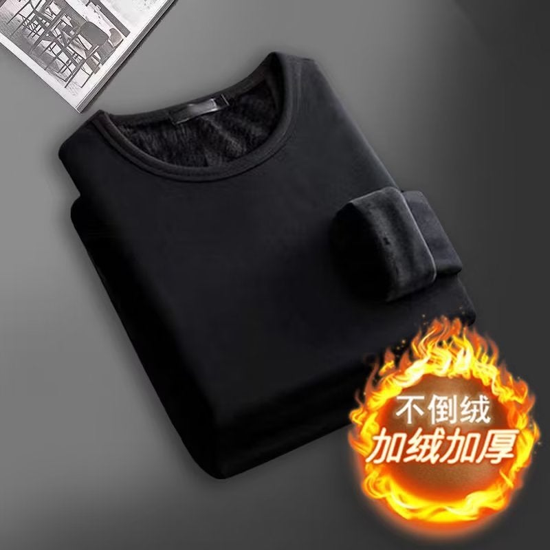 Thermal Underwear Mens Winter fleece-lined Thickened Autumn Clothes Youth Can Wear One-Piece Top plus size Foreign Trade Base Shirt Black [round neck]]