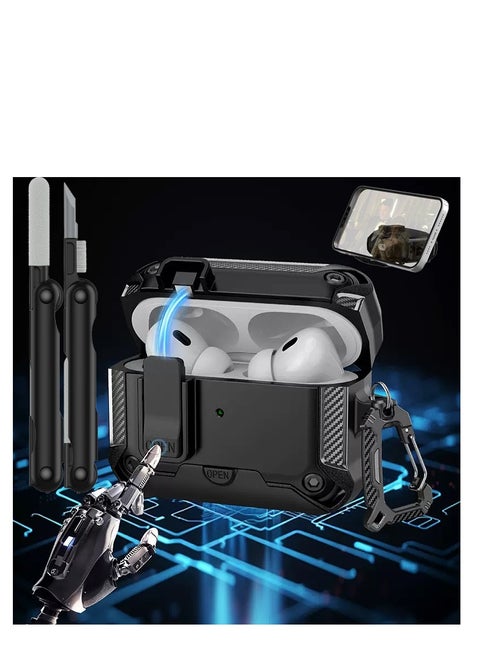 Airpods Pro 2 /Airpods Pro Case 2022, Auto Snap Switch Security Lock Protective Case for Airpods Pro 2 /Airpods Pro with 3-in-1 Cleaning Tool, Drop-Proof Hard Case, Rugged Anti-Shock Sleeve with Key Fob, Also Comes with Phone Holder with Apple Airpods Pro 2 /Airpods Pro Compatible (Black/Gray)