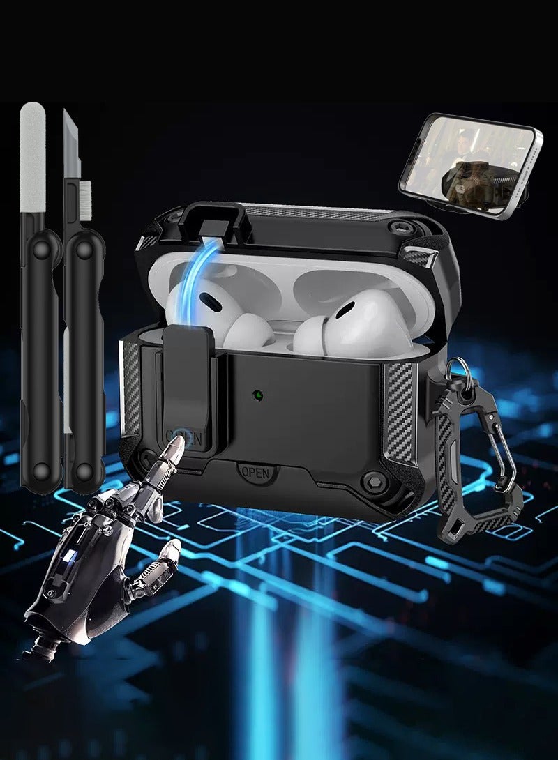 Compatible Airpods Pro 2 /Airpods Pro Unlocked Auto Open Security Lock Case with 3-in-1 Cleaning Tool, Rugged Drop-Proof Hard Protective Case, Rugged Shock Sleeve and Keychain, Also Comes with Phone Holder, (Black/Gray)  - Image 1