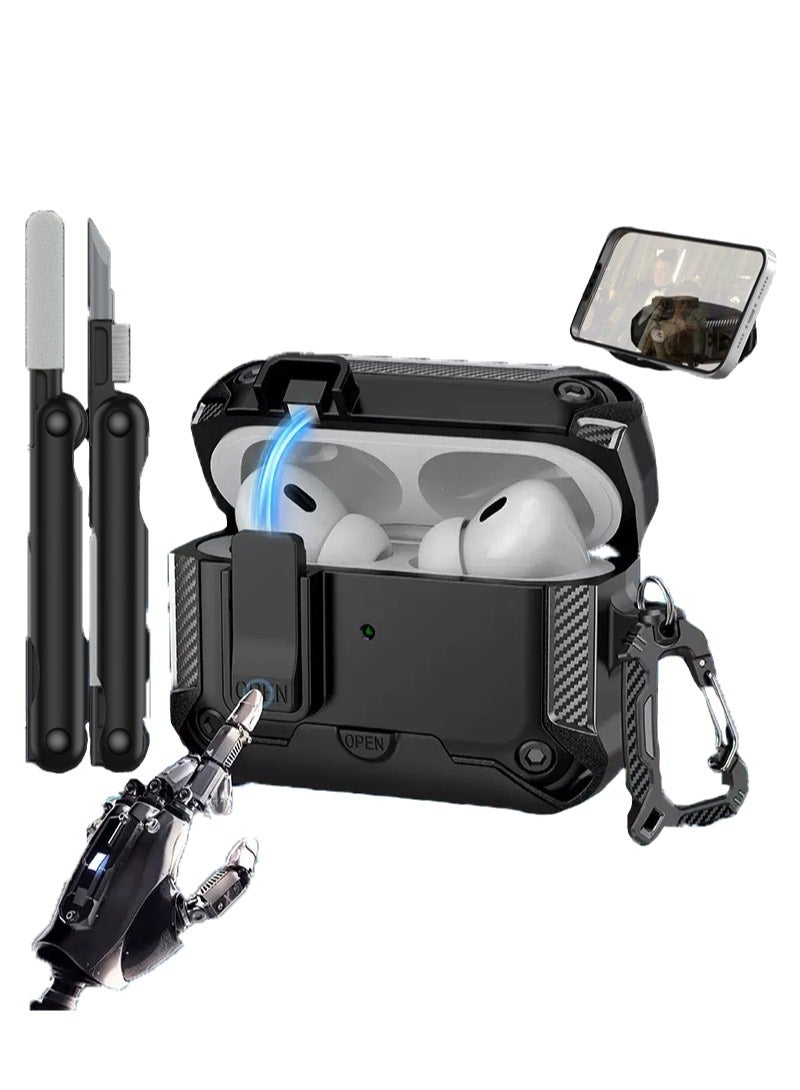 Compatible Airpods Pro 2 /Airpods Pro Unlocked Auto Open Security Lock Case with 3-in-1 Cleaning Tool, Rugged Drop-Proof Hard Protective Case, Rugged Shock Sleeve and Keychain, Also Comes with Phone Holder, (Black/Gray) - Image 1