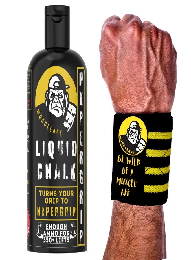 Muscleape Liquid Chalk 500ml with Wrist Wraps| Liquid Chalk for Dry Steel Like Grip| 20" Lenght 3" Widht Wrist Wraps .for Powerlifters, Bodybuilders & All Strength Athletes - Image 1