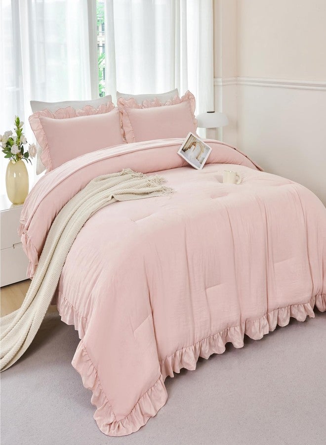 ANGIYUIN 5 Pieces Blush Pink Ruffled Comforter Sets Full Farmhouse Bed in A Bag with Layer Ruffle Soft Lightweight Bedding Sets with Sheet Sets, Pillowcases（Blush Pink Full） - Image 3